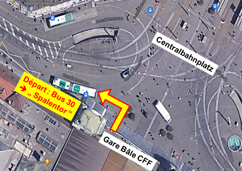 Carte vue d'avion : L'arrêt du Bus 30 devant la gare Bâle CFF